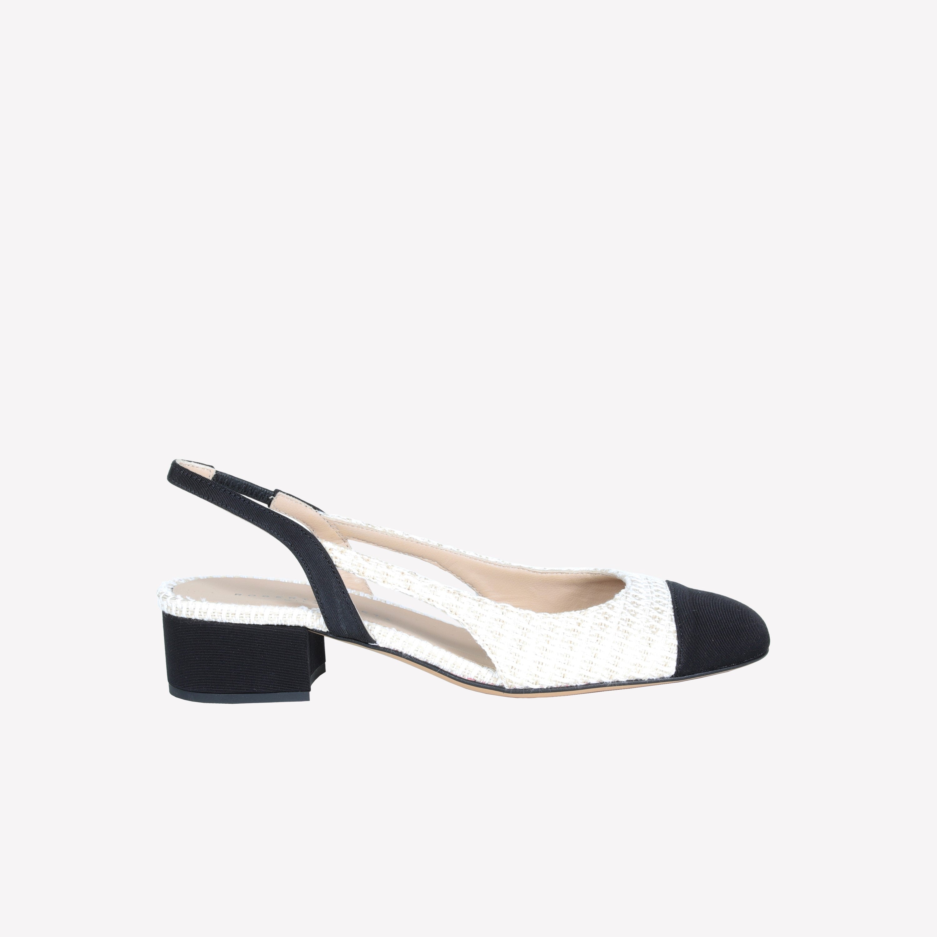 SLINGBACK IN TWEED CREAM WITH BLACK TOE AND COVERED HEEL AURELIA