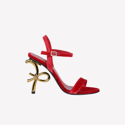 RED VELVET SANDAL WITH LOGO SCULPTURE HEEL META - Shoes | Roberto Festa