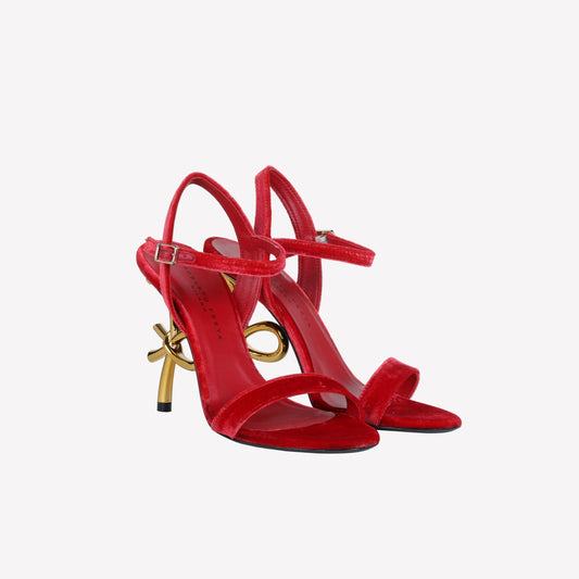 RED VELVET SANDAL WITH LOGO SCULPTURE HEEL META - Shoes | Roberto Festa