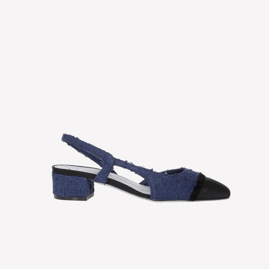 NAVY TWEED SLINGBACK WITH FRAYED TOE AND LOW HEEL ACANTO - NO DISCOUNT | Roberto Festa