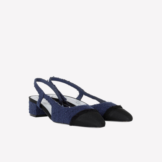 NAVY TWEED SLINGBACK WITH FRAYED TOE AND LOW HEEL ACANTO - Blu | Roberto Festa