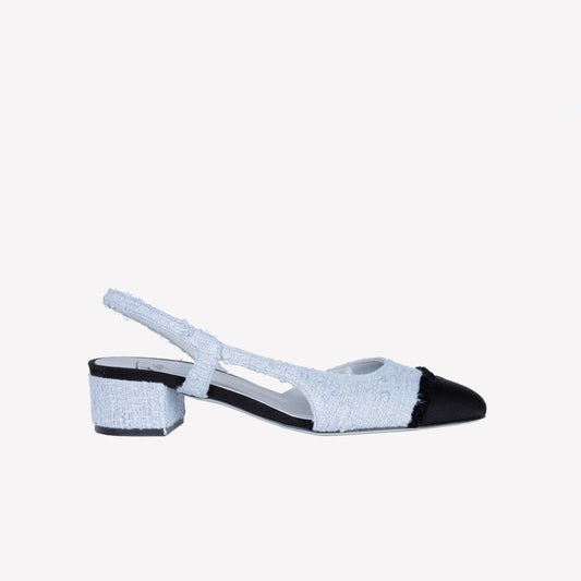 LIGHT BLUE TWEED SLINGBACK WITH FRAYED TOE AND LOW HEEL ACANTO - Ceremonial Shoes | Roberto Festa