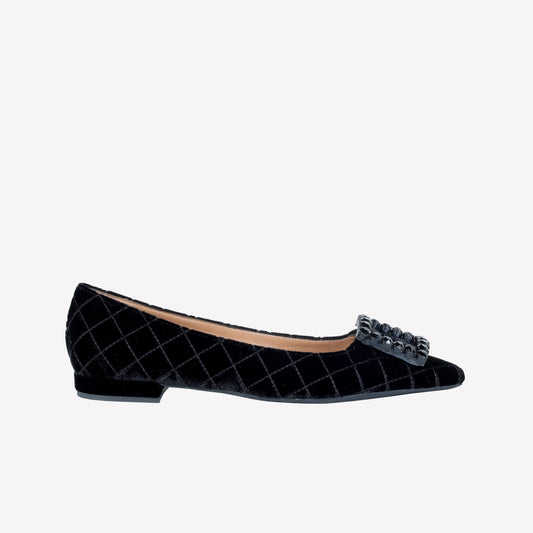 MATELASSE' VELVET BALLERINA WITH SQUARE CRYSTAL RHINESTONE BUCKLE AMAIA - Nero | Roberto Festa