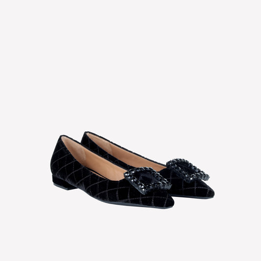 MATELASSE' VELVET BALLERINA WITH SQUARE CRYSTAL RHINESTONE BUCKLE AMAIA - Nero | Roberto Festa