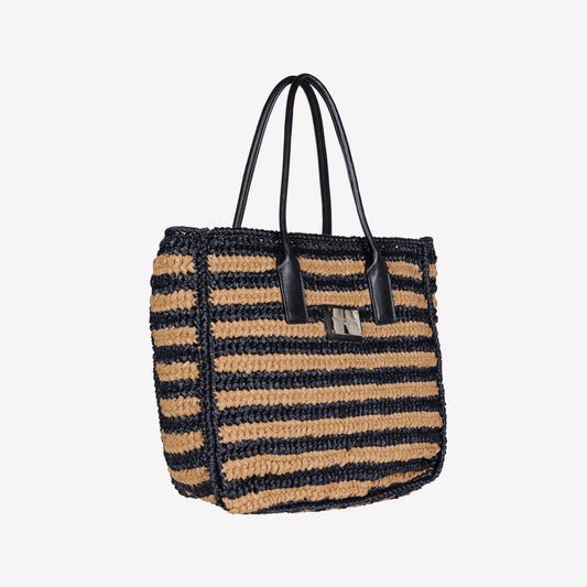 TWO-TONE BROWN HAND WOVEN RAFFIA BAG WITH LEATHER HANDLE ANTIBES - nero_marrone | Roberto Festa