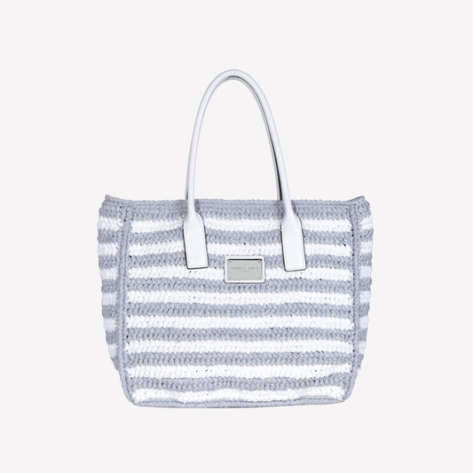 TWO-TONE GREY HAND WOVEN RAFFIA BAG WITH LEATHER HANDLE ANTIBES - bianco_grigio | Roberto Festa