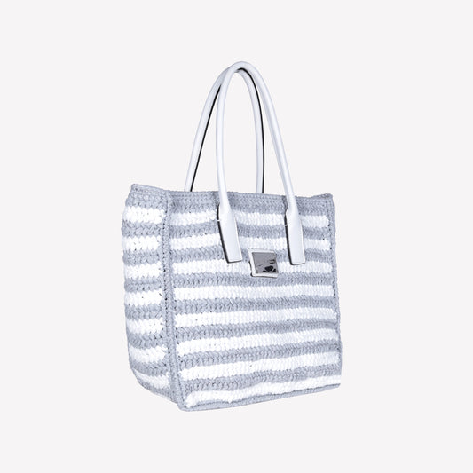 TWO-TONE GREY HAND WOVEN RAFFIA BAG WITH LEATHER HANDLE ANTIBES - bianco_grigio | Roberto Festa