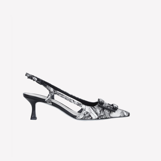 JACQUARD FABRIC SLINGBACK WITH BAGUETTE ACCESSORY ATENA - bianco_nero | Roberto Festa