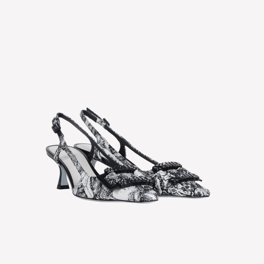 JACQUARD FABRIC SLINGBACK WITH BAGUETTE ACCESSORY ATENA - bianco_nero | Roberto Festa