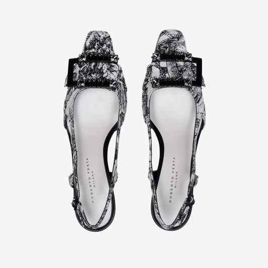 JACQUARD FABRIC SLINGBACK WITH BAGUETTE ACCESSORY ATENA - bianco_nero | Roberto Festa