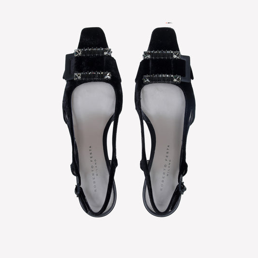 VELVET SLINGBACK WITH BAGUETTE CRYSTALS BUCKLE ATENA - Nero | Roberto Festa