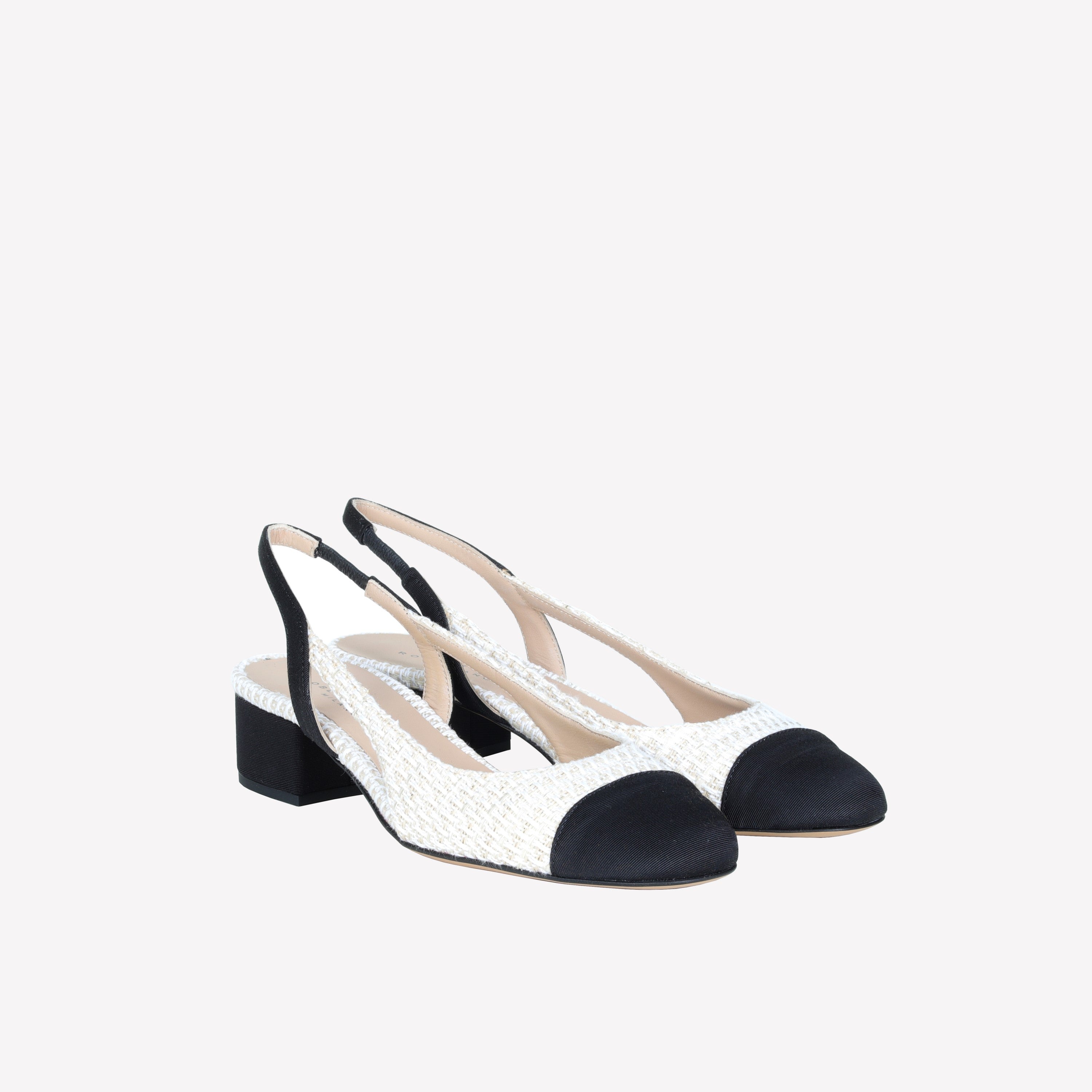 SLINGBACK IN TWEED CREAM WITH BLACK TOE AND COVERED HEEL AURELIA