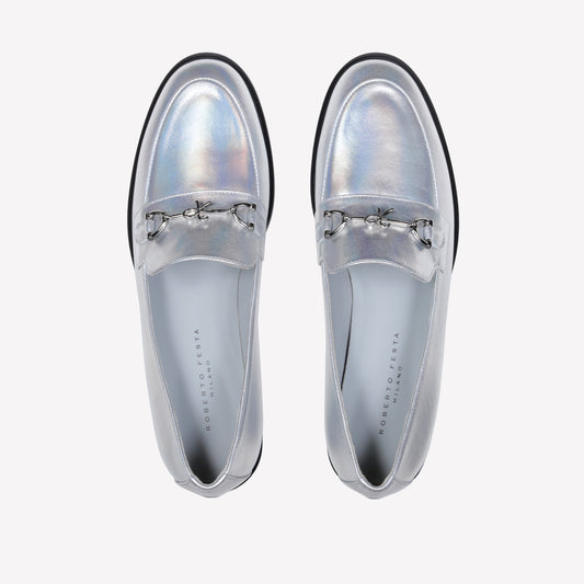 SILVER LAMINATED LEATHER LOAFER WITH CLAMP AXEL - Grigio | Roberto Festa