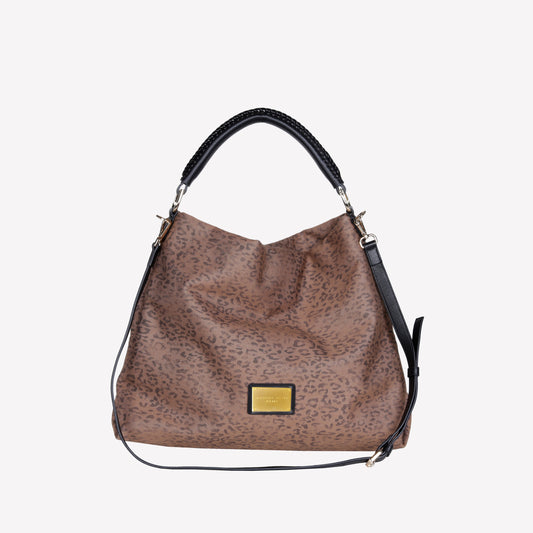 BORSA TOTE IN JEANS LEOPARDATO CON MANICI E TRACOLLA IN PELLE NERA BIANCA - Marrone | Roberto Festa