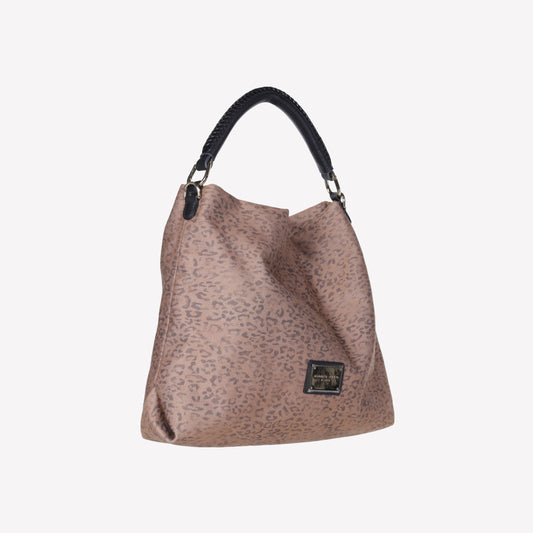 BORSA TOTE IN JEANS LEOPARDATO CON MANICI E TRACOLLA IN PELLE NERA BIANCA - Marrone | Roberto Festa