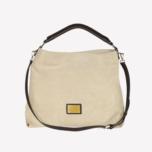 BISCUIT-COLOURED SUEDE TOTE BAG WITH HANDLES AND BROWN LEATHER SHOULDER STRAP BIANCA - Mix & Match | Roberto Festa