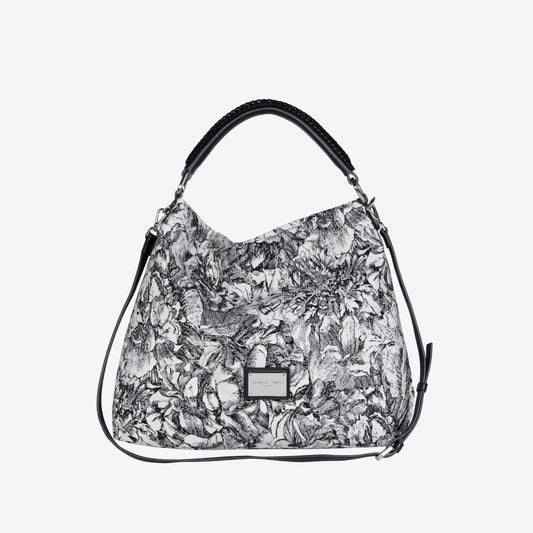 BORSA TOTE IN TESSUTO JACQUARD CON MANICI E TRACOLLA IN PELLE NERA BIANCA - Bianco_nero | Roberto Festa