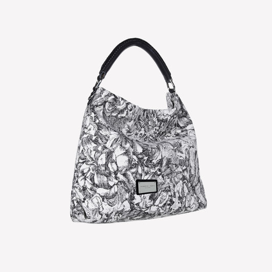 BORSA TOTE IN TESSUTO JACQUARD CON MANICI E TRACOLLA IN PELLE NERA BIANCA - Bianco_nero | Roberto Festa