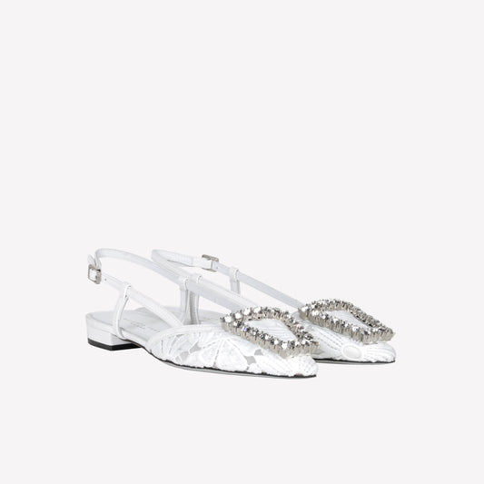 WHITE MACRAME' FABRIC AND MESH TULLE SLINGBACK BILL - Bianco | Roberto Festa