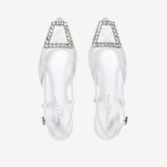 WHITE MACRAME' FABRIC AND MESH TULLE SLINGBACK BILL - Bianco | Roberto Festa