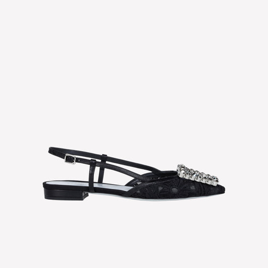 BLACK MACRAME' FABRIC AND TULLE MESH SLINGBACK BILL - Nero | Roberto Festa