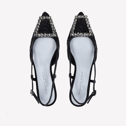 BLACK MACRAME' FABRIC AND TULLE MESH SLINGBACK BILL - Nero | Roberto Festa