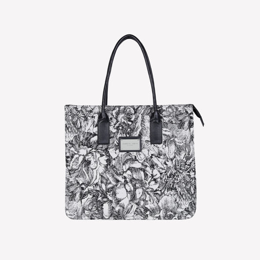 JACQUARD FABRIC TOTE BAG WITH HANDLE AND BLACK LEATHER FLOWER ACCESSORY BRUNA - Spring Summer Preview | Roberto Festa