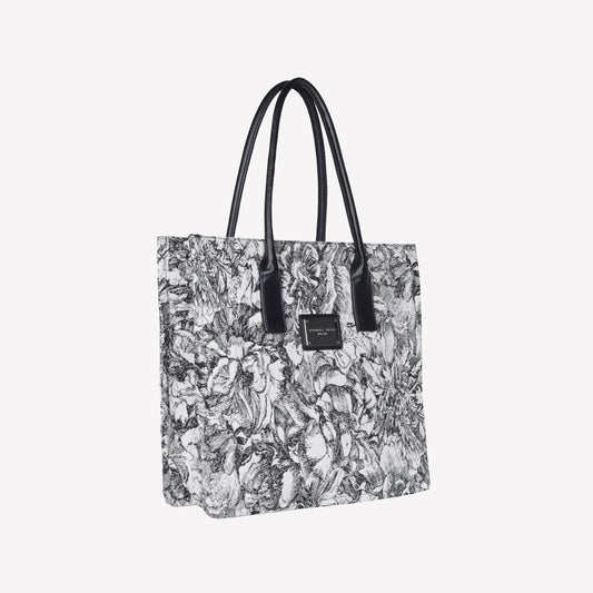 BORSA TOTE IN TESSUTO JACQUARD CON MANICO E ACCESSORIO FIORE IN PELLE NERA BRUNA - Bianco_nero | Roberto Festa