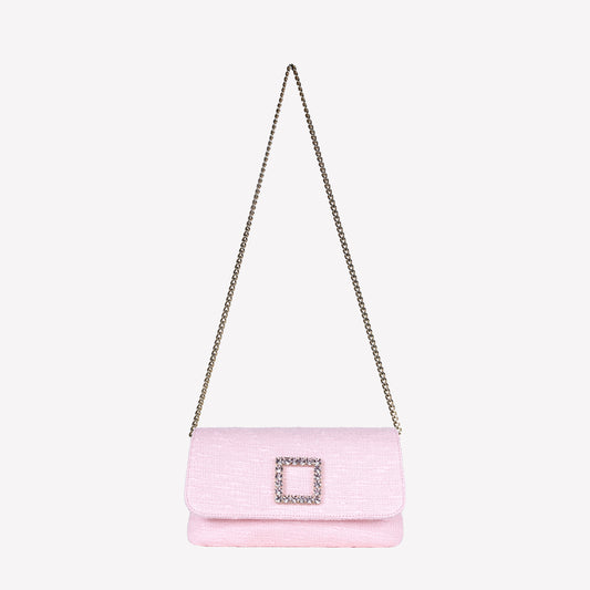 PEONY COLOURED TWEED CLUTCH BAG WITH CRYSTAL ACCESSORY CAPRI LUX - Rosa | Roberto Festa