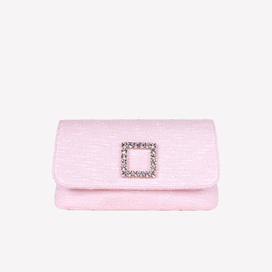 PEONY COLOURED TWEED CLUTCH BAG WITH CRYSTAL ACCESSORY CAPRI LUX - Rosa | Roberto Festa