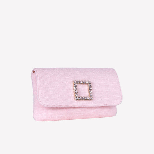 PEONY COLOURED TWEED CLUTCH BAG WITH CRYSTAL ACCESSORY CAPRI LUX - Rosa | Roberto Festa