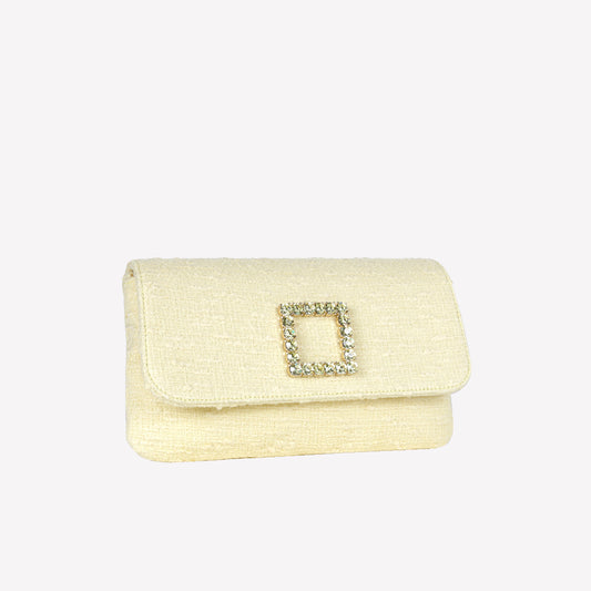 MIMOSA COLOURED TWEED CLUTCH BAG WITH CRYSTAL ACCESSORY CAPRI LUX - Yellow | Roberto Festa