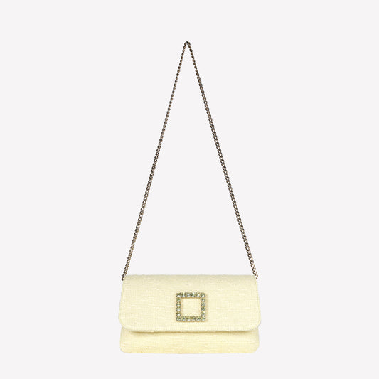 MIMOSA COLOURED TWEED CLUTCH BAG WITH CRYSTAL ACCESSORY CAPRI LUX - Yellow | Roberto Festa