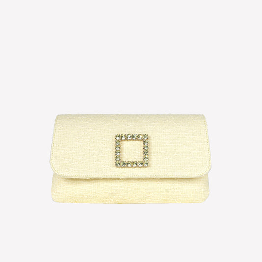 MIMOSA COLOURED TWEED CLUTCH BAG WITH CRYSTAL ACCESSORY CAPRI LUX - NO DISCOUNT | Roberto Festa