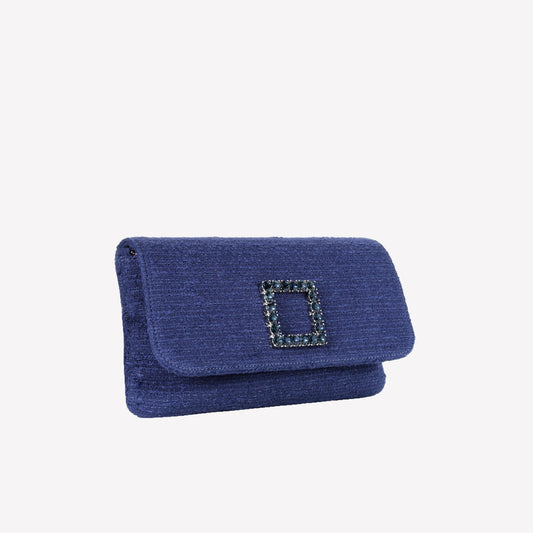 CLUTCH IN TWEED BLU NAVY CON ACCESSORIO DI CRISTALLI CAPRI LUX - Blu | Roberto Festa