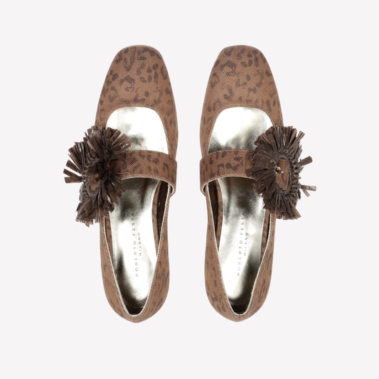 LEOPARD DENIM BALLERINA WITH RAFFIA BUCKLE CRISSY - Marrone | Roberto Festa