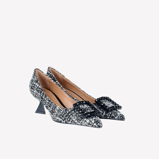 TWEED FABRIC PUMPS WITH SQUARE BUCKLE CRYSTALS EVILLY - Linea Festa | Roberto Festa