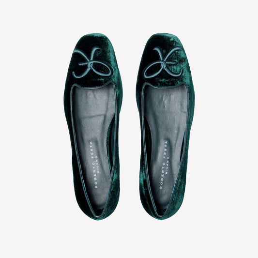 GREEN VELVET BALLERINA WITH RF EMBROIDERY FELIX - Verde | Roberto Festa