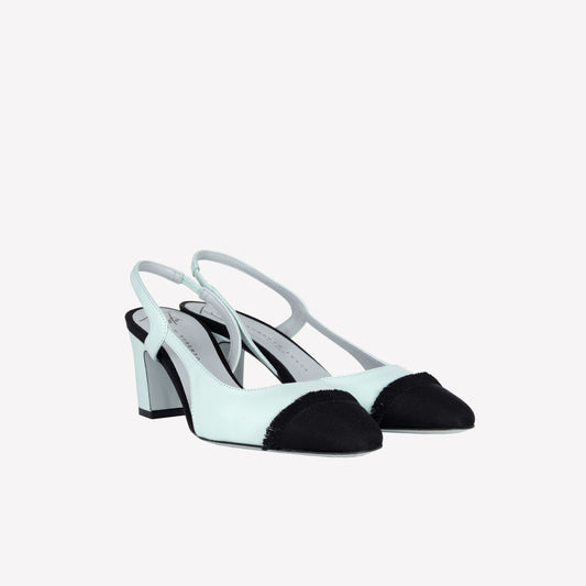 AQUA COLOURED LEATHER SLINGBACK WITH MEDIUM HEEL AND FRINGED TOE CAP FICUS - Azzurro | Roberto Festa