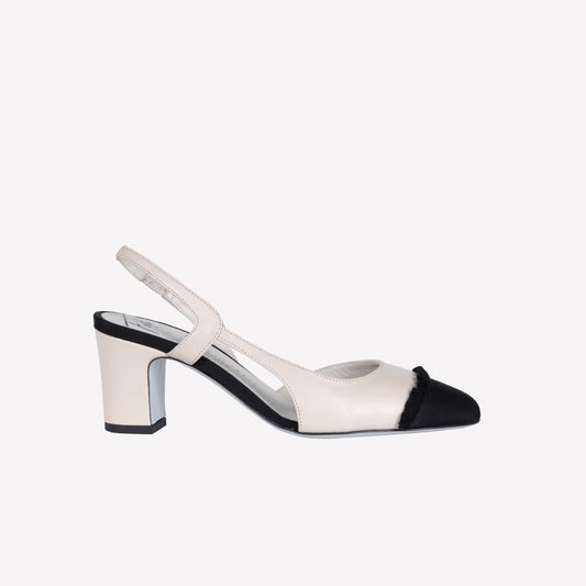 BUTTER COLOURED LEATHER SLINGBACK WITH MEDIUM HEEL AND FRINGED TOE CAP FICUS - Bianco | Roberto Festa