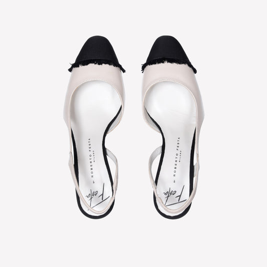 BUTTER COLOURED LEATHER SLINGBACK WITH MEDIUM HEEL AND FRINGED TOE CAP FICUS - Bianco | Roberto Festa