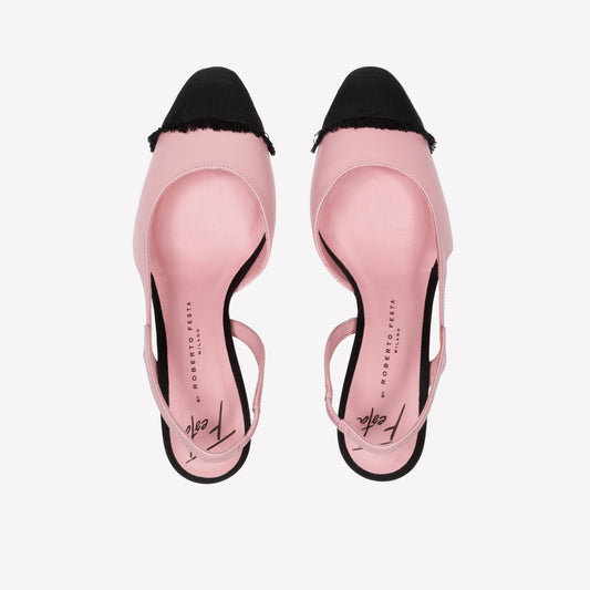 PEONY COLOURED LEATHER SLINGBACK WITH MEDIUM HEEL AND FRINGED TOE CAP FICUS - Rosa | Roberto Festa