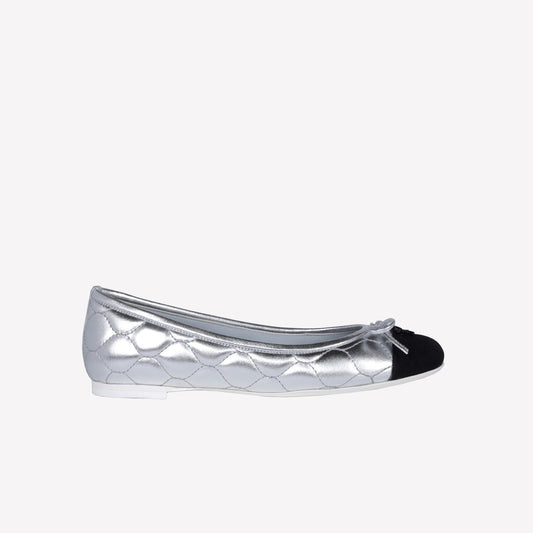 SILVER LAMINATED LEATHER BALLERINA WITH WAVY EMBROIDERY AND BLACK TIP FLY - NO DISCOUNT | Roberto Festa