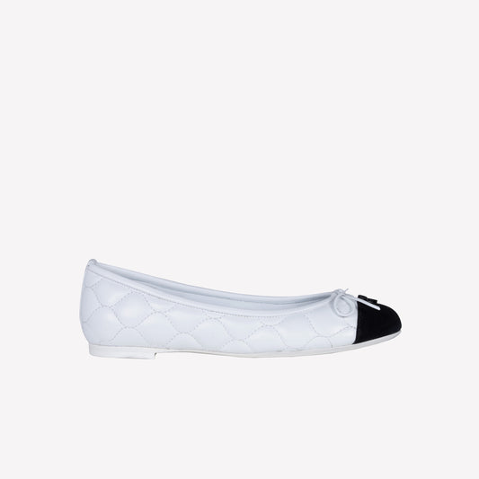 WHITE LEATHER BALLERINA WITH WAVY EMBROIDERY AND BLACK TIP FLY - Bianco | Roberto Festa