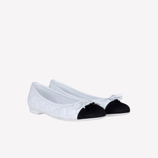 WHITE LEATHER BALLERINA WITH WAVY EMBROIDERY AND BLACK TIP FLY - Bianco | Roberto Festa