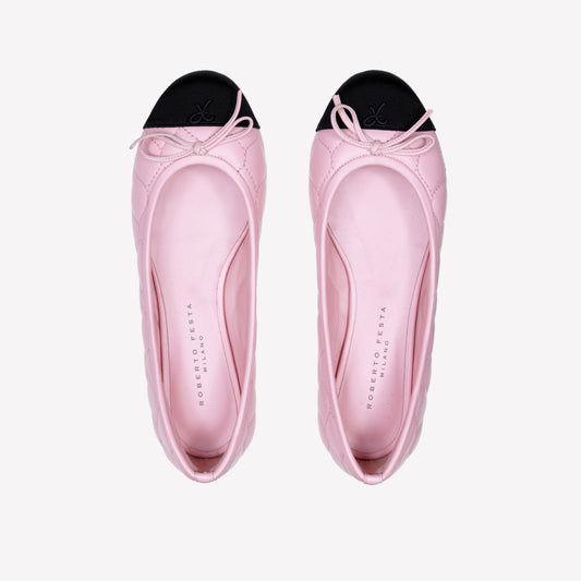 PINK LEATHER BALLERINA WITH WAVY EMBROIDERY AND BLACK TIP FLY - Rosa | Roberto Festa