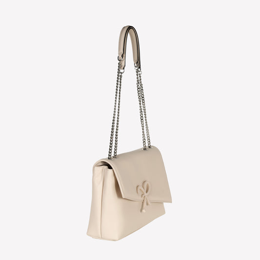 BUTTER LEATHER ASYMMETRICAL FLAP SHOULDER BAG WITH LACQUERED ACCESSORY GIORGIA - Beige | Roberto Festa