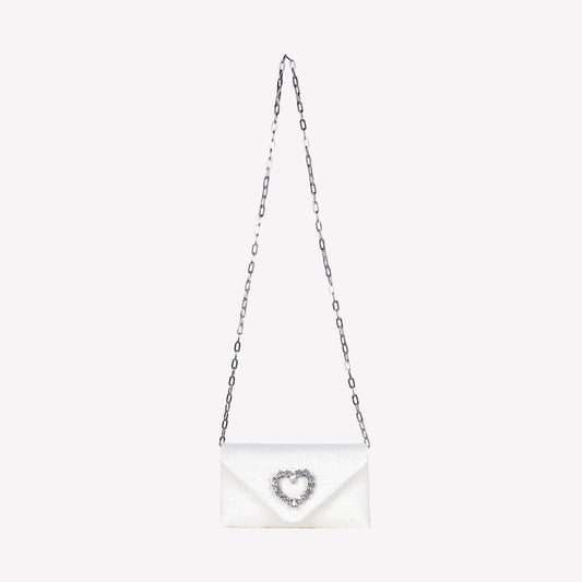 CREAM COLOURED TWEED CLUTCH BAG WITH CRYSTAL HEART ACCESSORY HEART - Spring Summer Preview | Roberto Festa