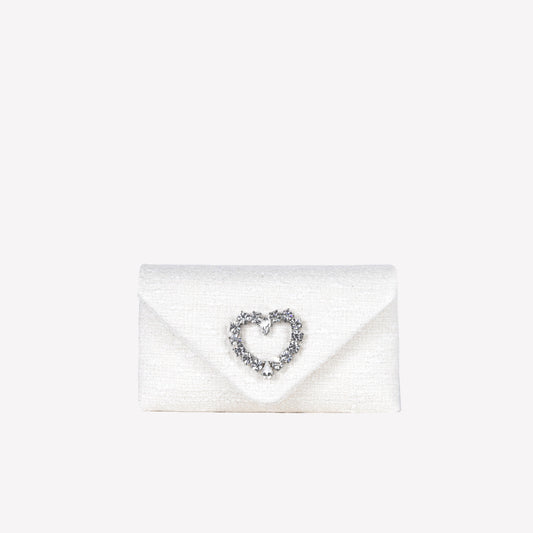 CREAM COLOURED TWEED CLUTCH BAG WITH CRYSTAL HEART ACCESSORY HEART - NO DISCOUNT | Roberto Festa