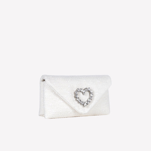 CREAM COLOURED TWEED CLUTCH BAG WITH CRYSTAL HEART ACCESSORY HEART - Bianco | Roberto Festa